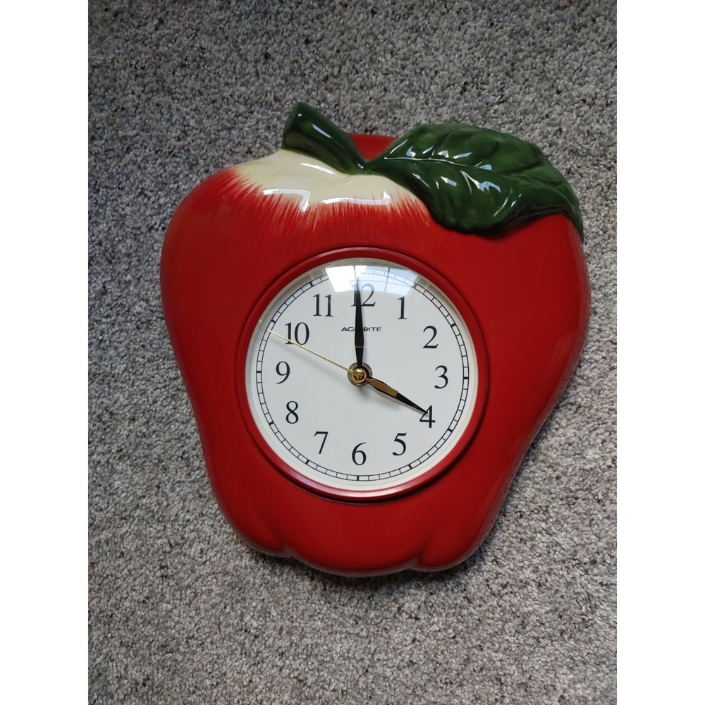 Vtg Acurite Red Apple Ceramic Wall Clock Quartz 11" Non Working Cottage Country